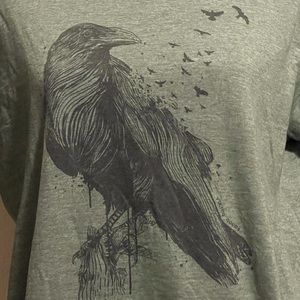 Crow Raven Print T-shirt Green Large